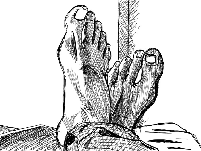 A digital black and white pen drawing of my feet.