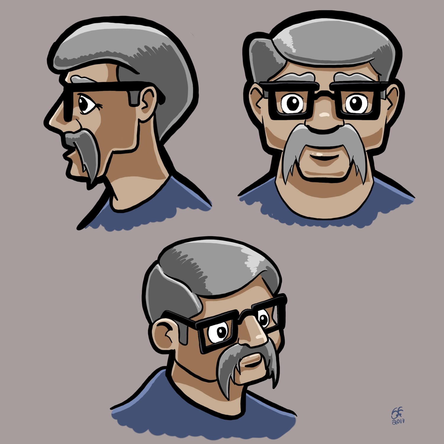Character development of an older gentleman with grey hair and glasses