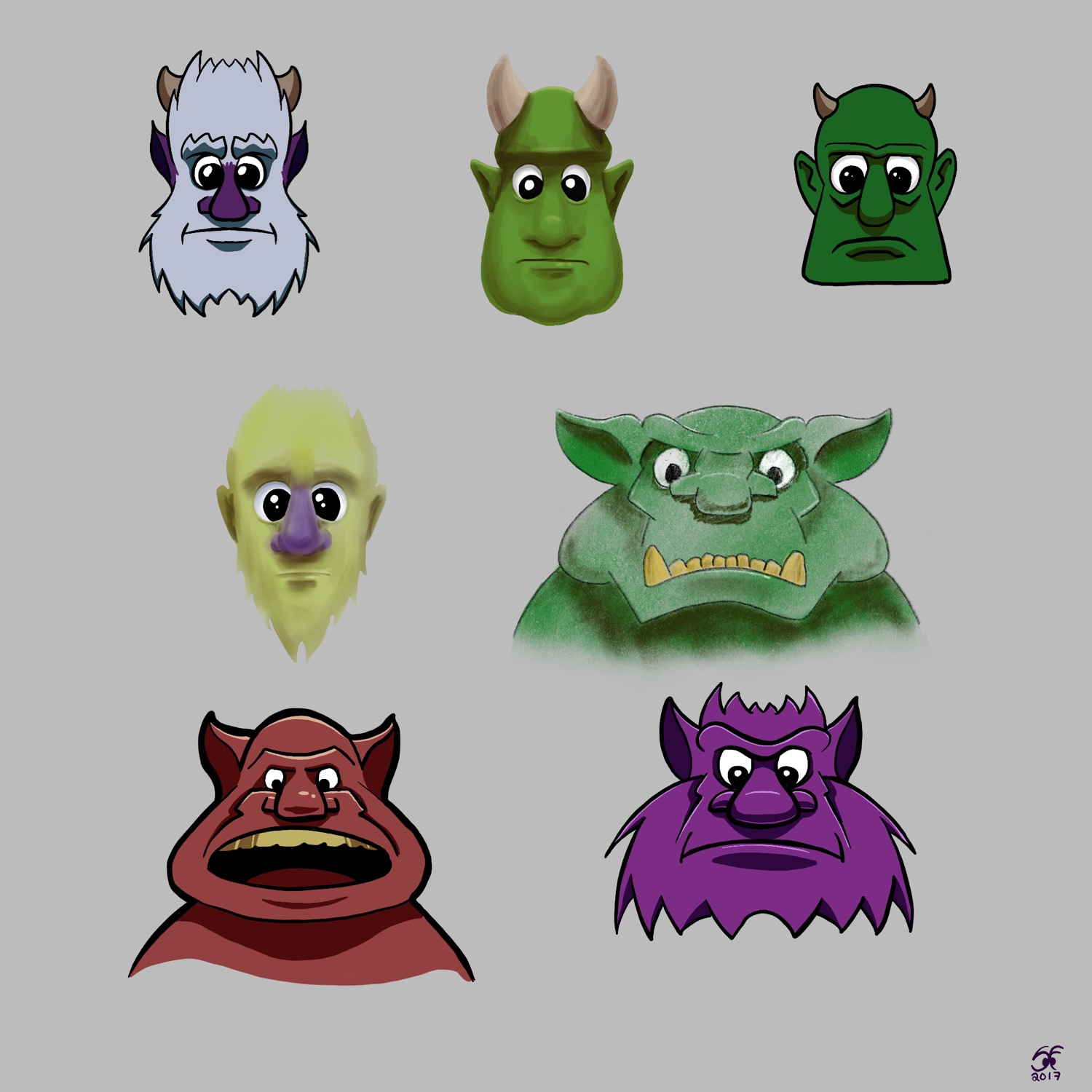 Seven different monster heads drawn in different styles.