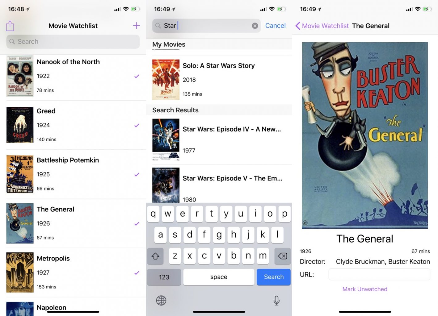 Three screenshots from a movie list app showing a list of movies with their posters, a search screen, and a close up of one of the posters