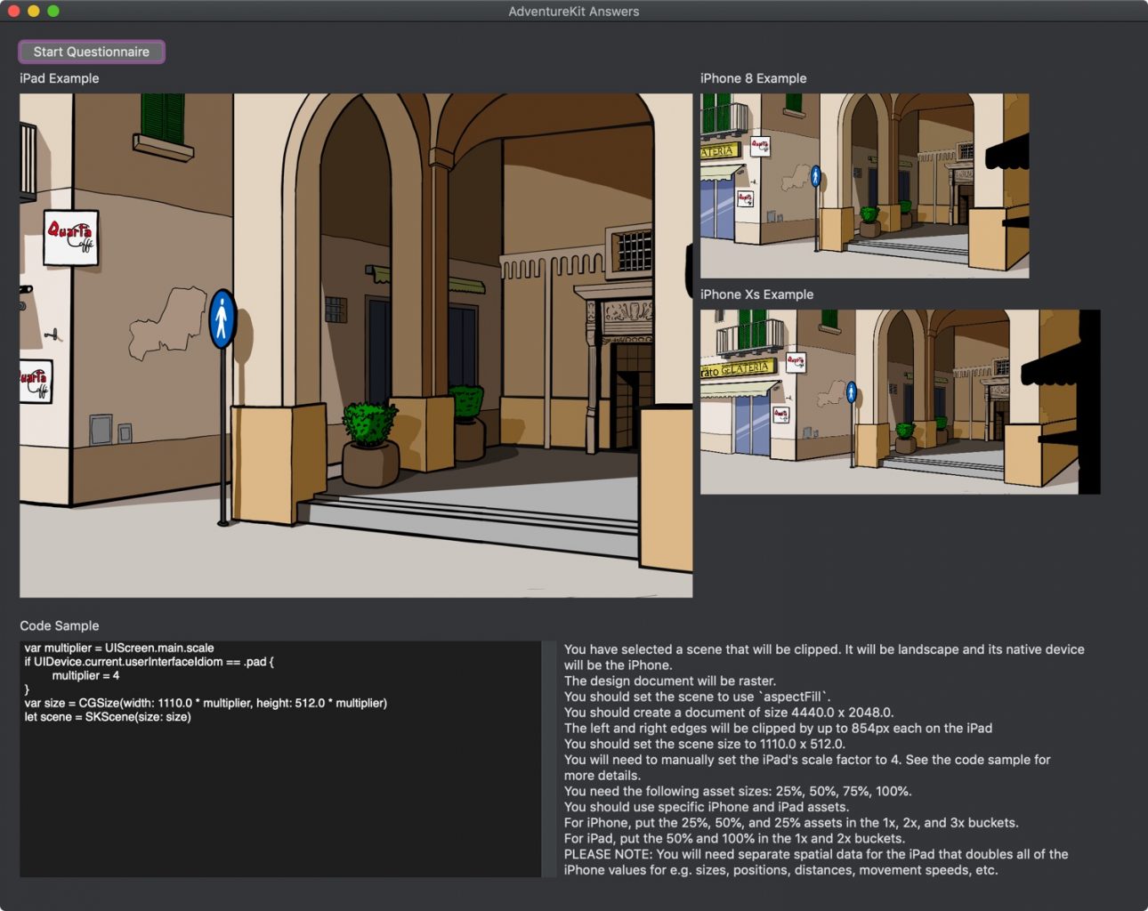 A screenshot of AdventureKit Answers after the questionnaire is complete. There are three devices: the iPad, the iPhone 8, and the iPhone XS, all showing different amounts of a background scene. At the bottom is a code sample with some code to set up the scene, and to the right of that detailed instructions on the trade-offs for the choices made for this game.