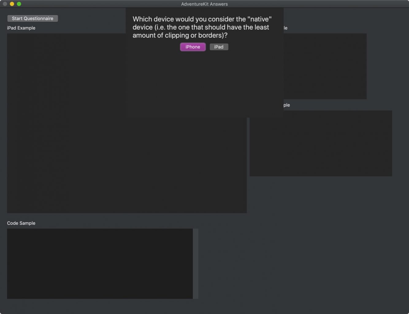 A screenshot of AdventureKit Answers. There's a modal dialog asking the question 'Which device would you consider the native device (i.e. the one that should have the least amount of clipping or borders)?'. The options are iPhone or iPad.