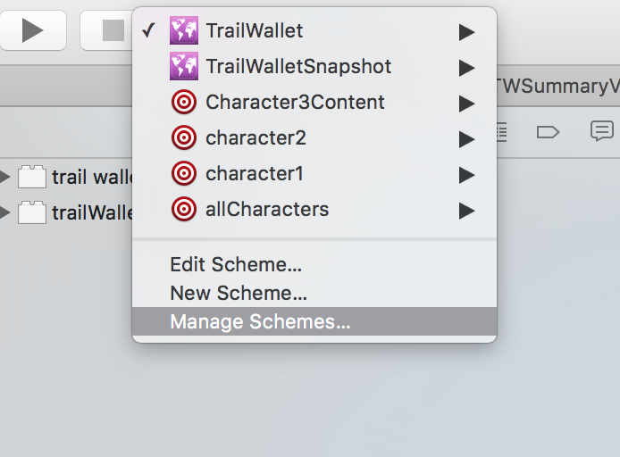 Screenshot showing how to access the scheme manager in Xcode