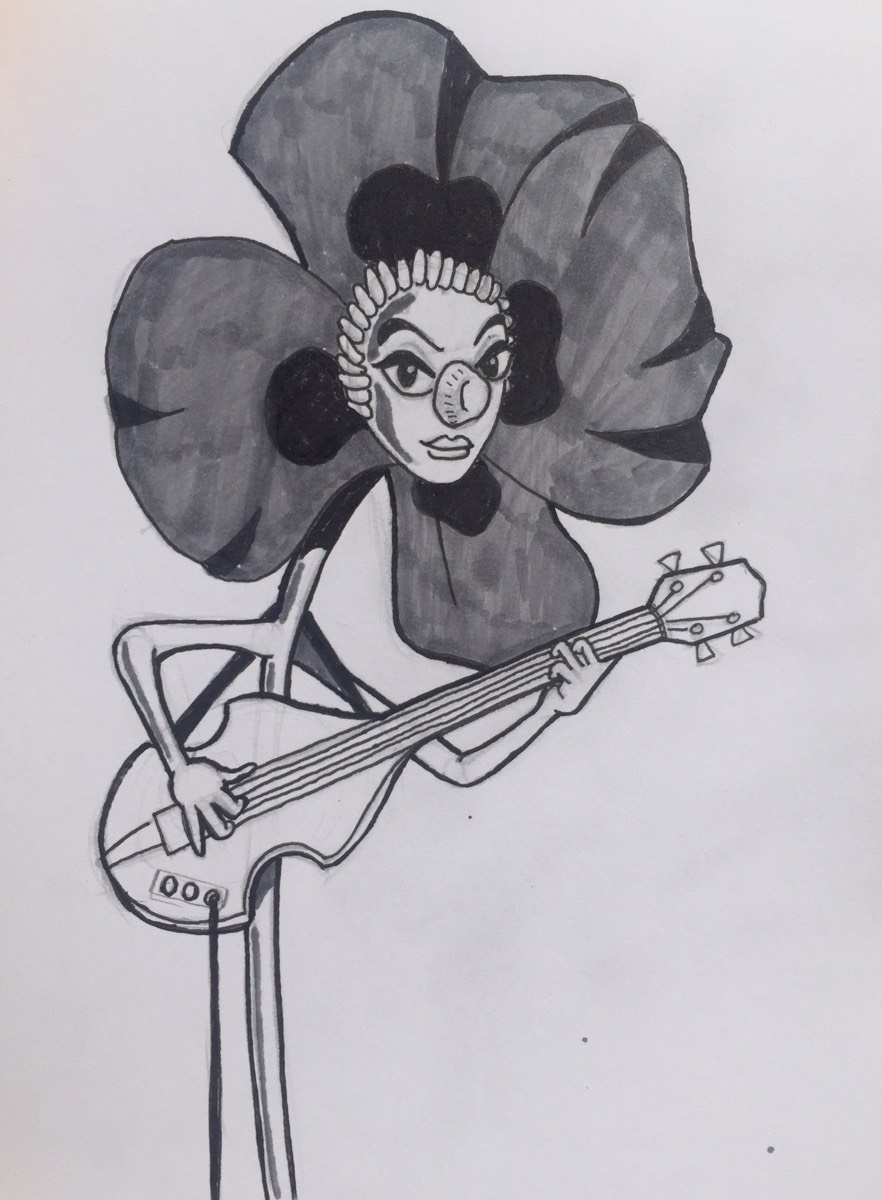 A pencil and ink drawing of a bass playing poppy