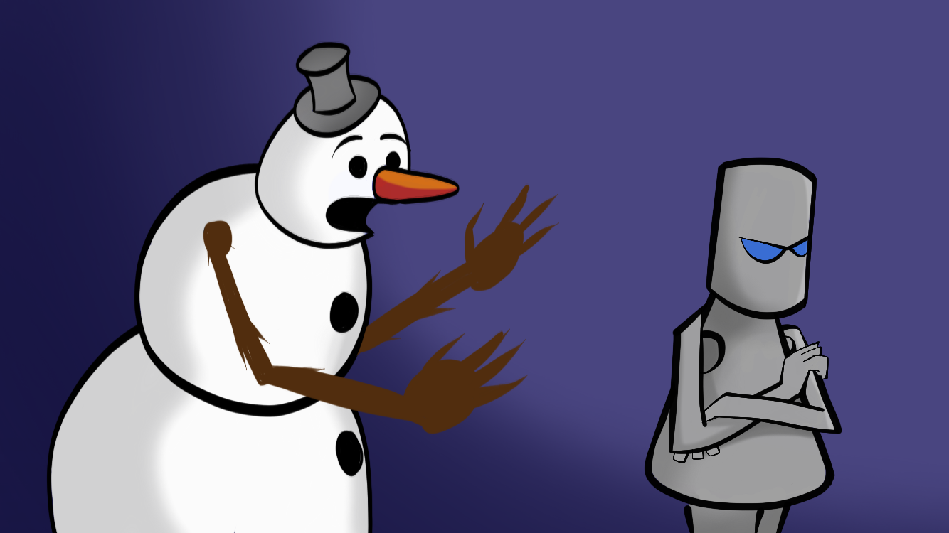 An illustration of a snowman talking to TW the robot