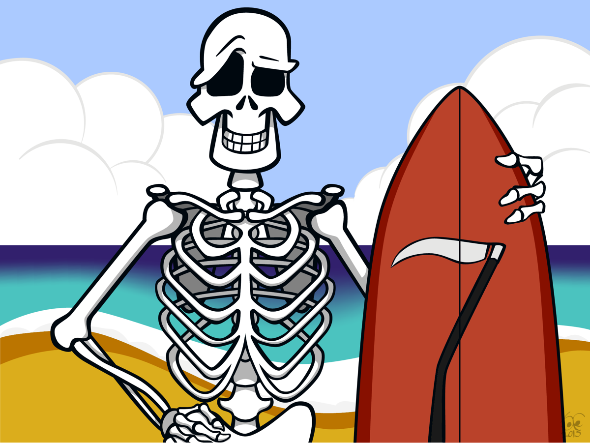 An illustration of Death on the beach holding a surfboard. The surfboard has a scythe painted on it, of course.