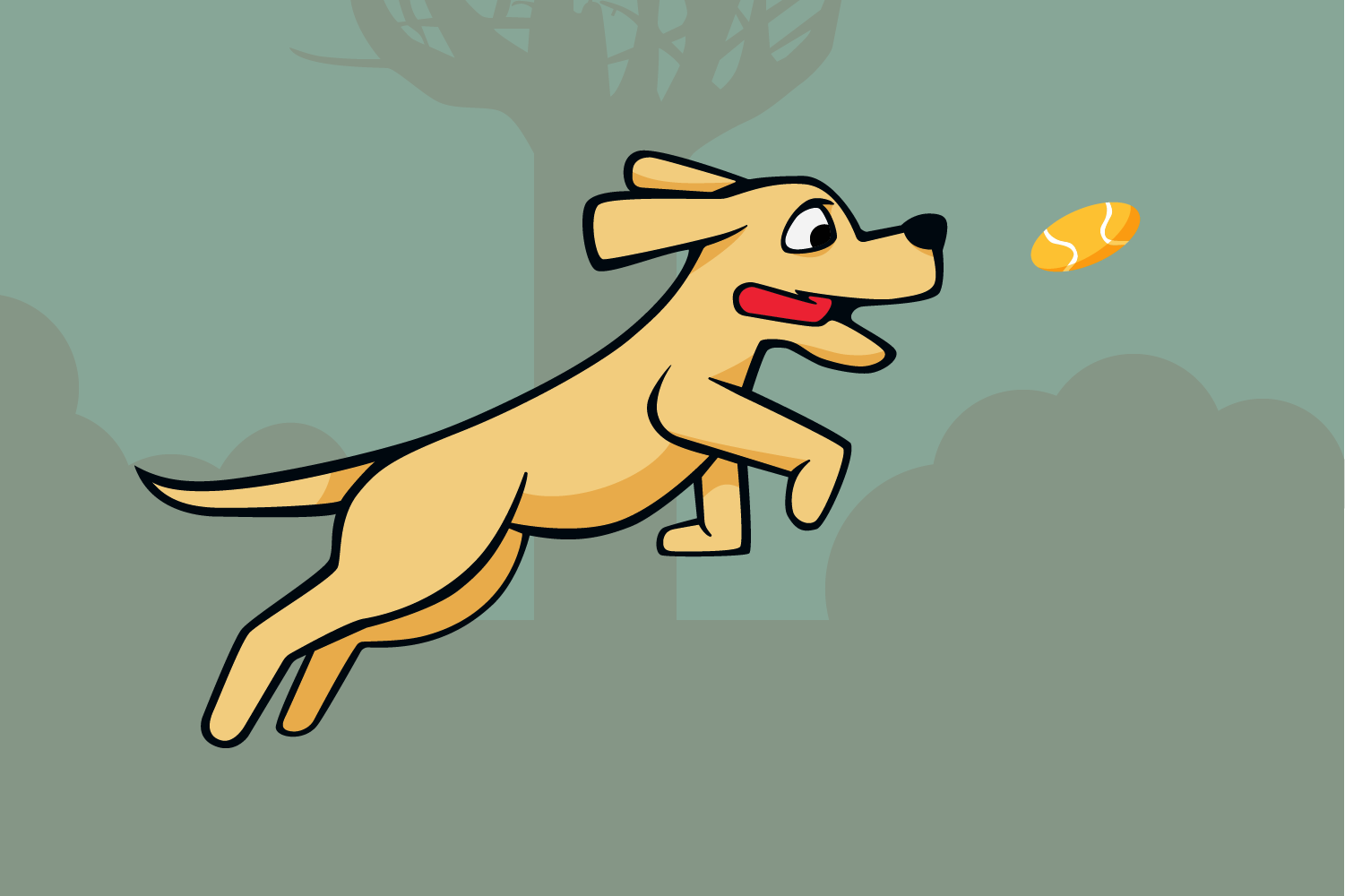 Illustration of a dog in a park jumping to catch a ball
