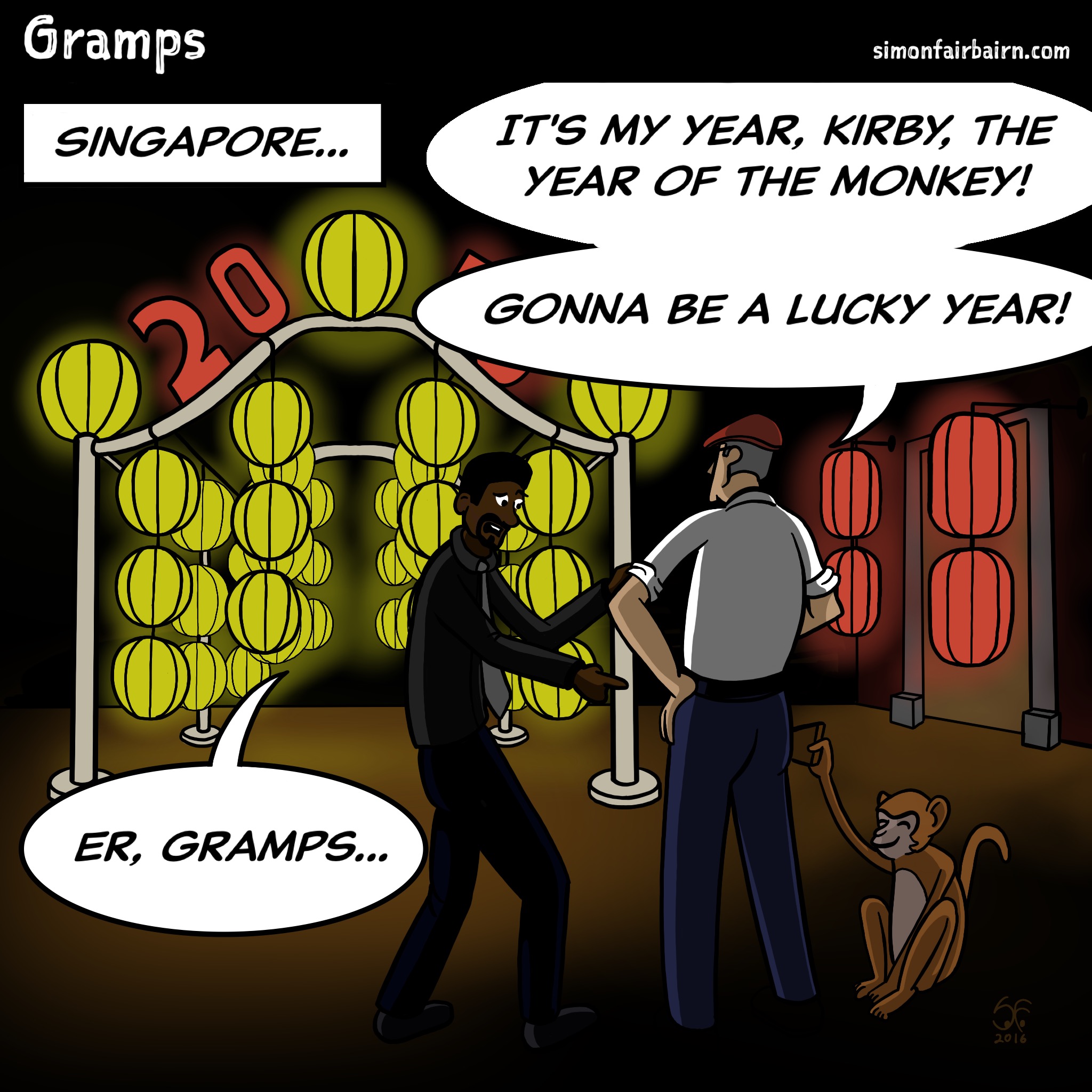 Gramps is looking at a new year display in Singapore while Kirby tries to alert him to a monkey stealing his wallet.