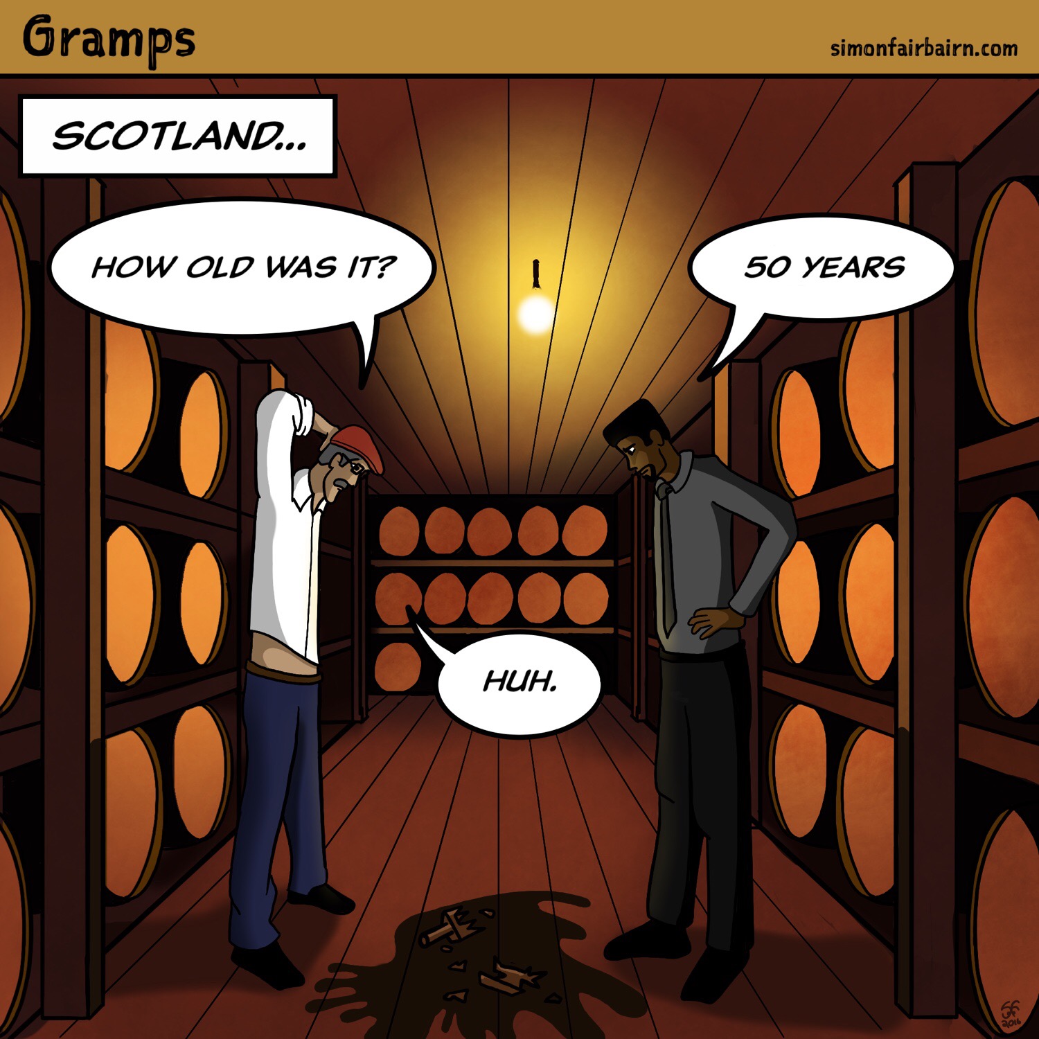 Illustration of Gramps and Kirby in a distillery barrel room having just broken a  50 year old bottle of whiskey