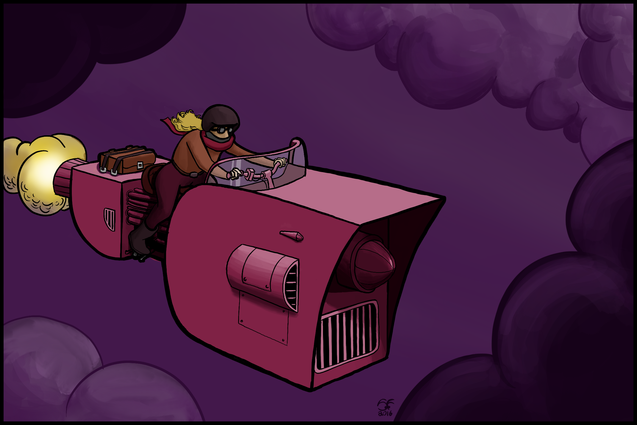 An illustration of a girl flying a giant hover bike through purple clouds