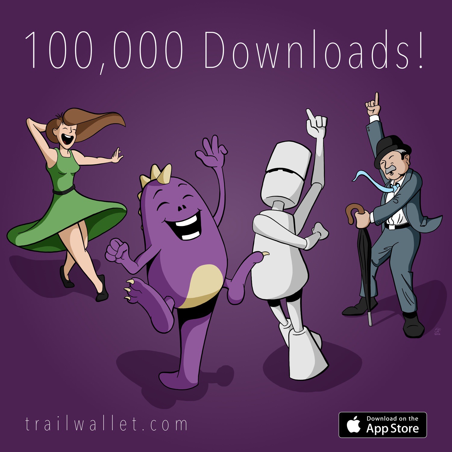 An illustration of the Trail Wallet team celebrating the 100,000th download.
