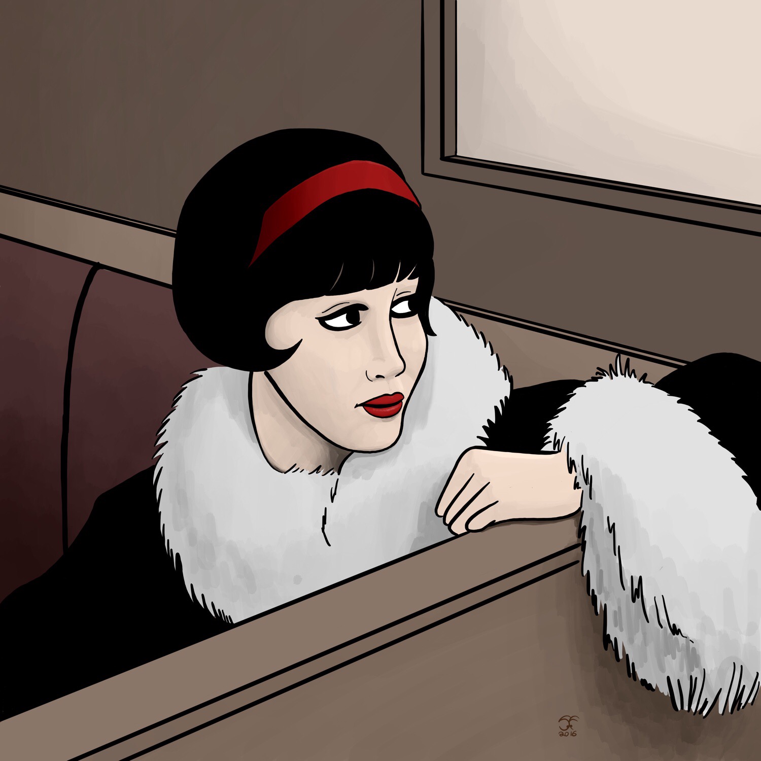 Illustration of Nana sitting at a restaurant booth from the 1962 movie Vivre Sa Vie. 