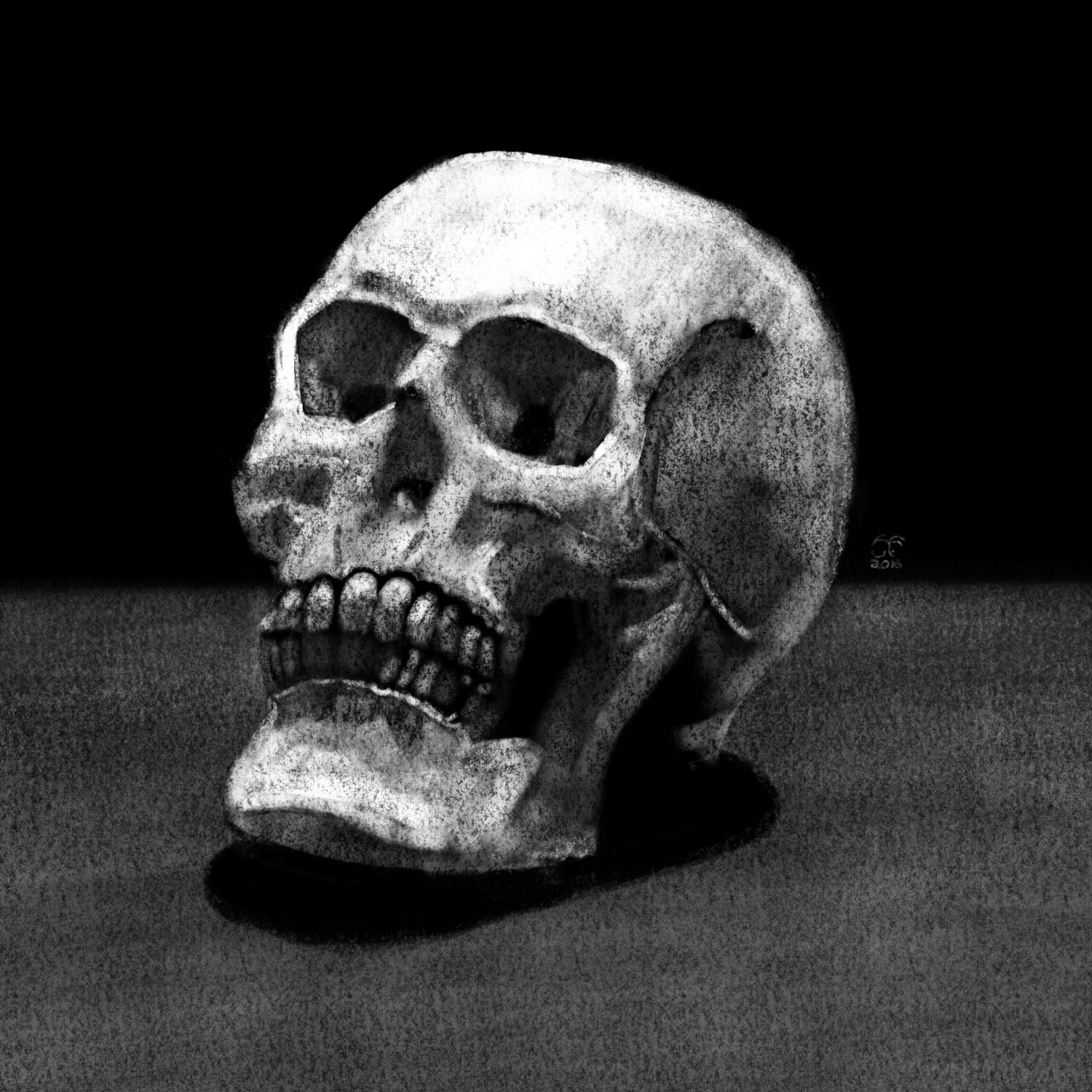 A charcoal illustration of a skull rendered in white on a black background because halloween.