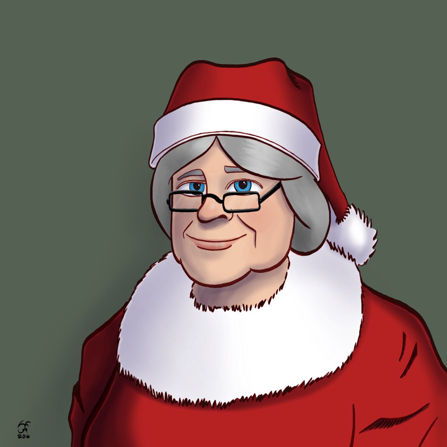 An illustrated portrait of Mrs Claus.