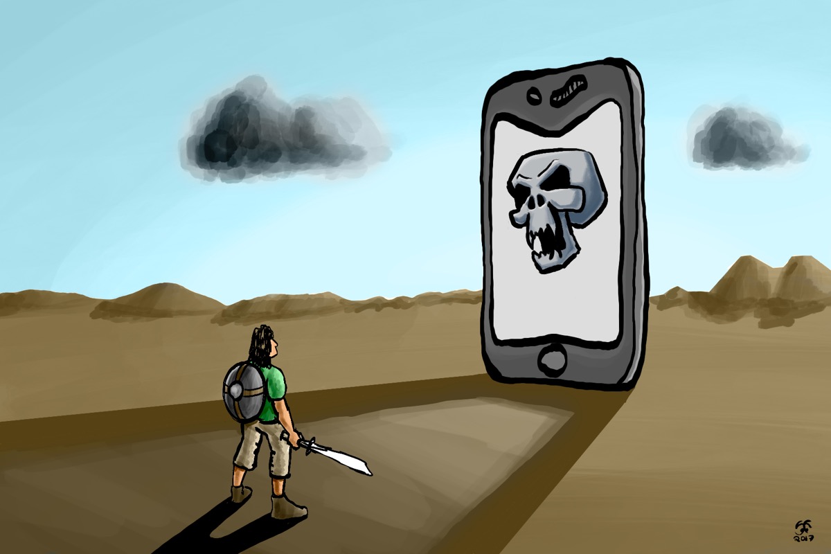 An illustration of a man with a bad haircut and a sword facing off against a giant 20ft phone with a skull on it.