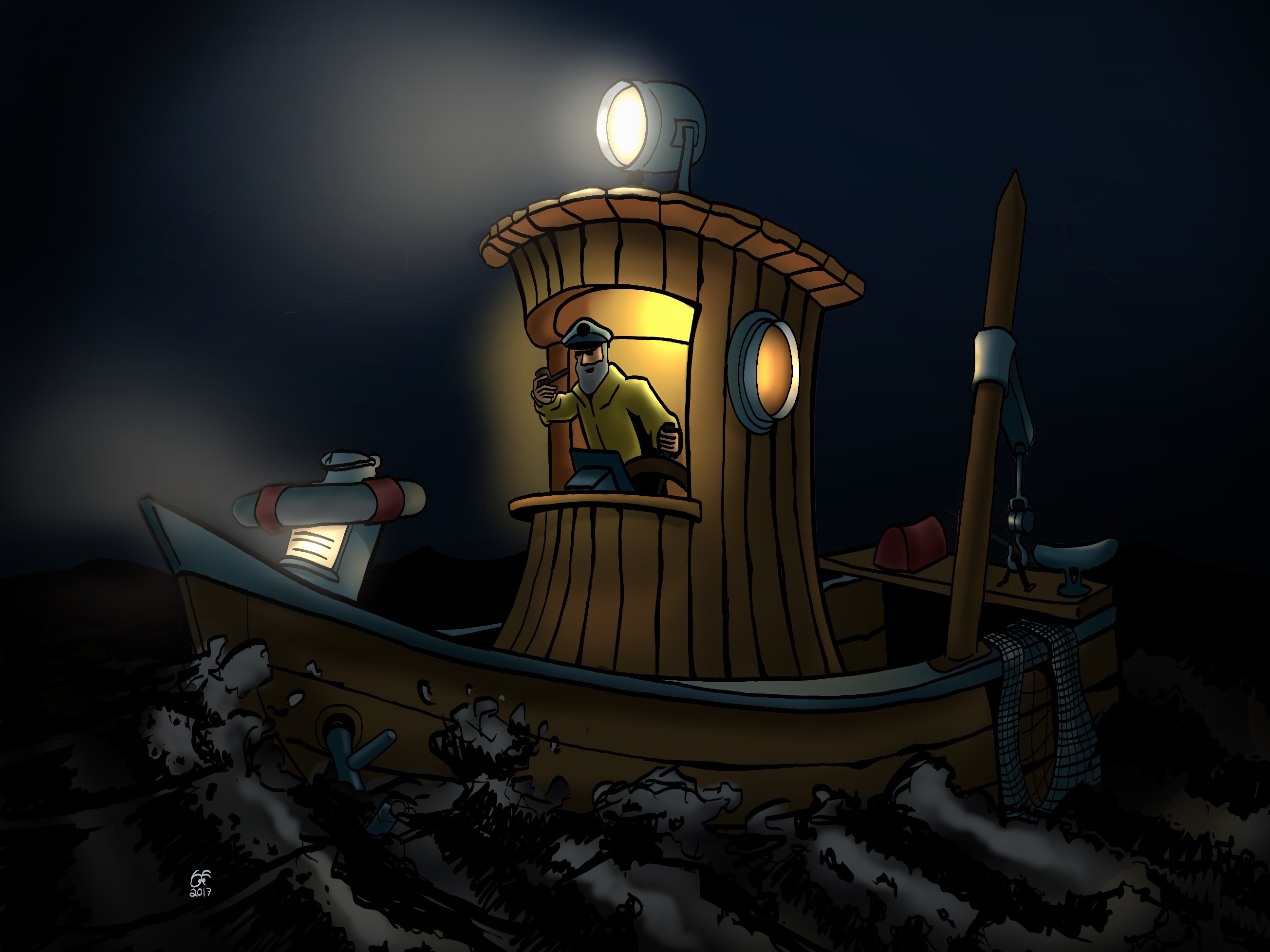 An illustration of a small fishing boat sailing at night.