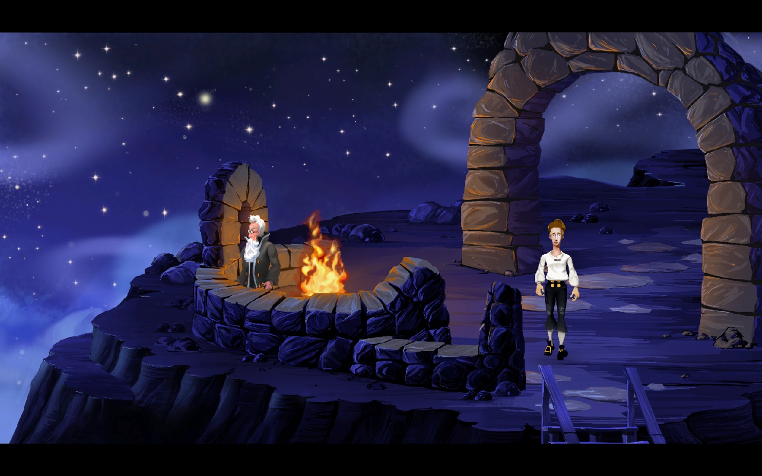 A screenshot of the Secret of Monkey Island where Guybrush is just leaving the Lookout