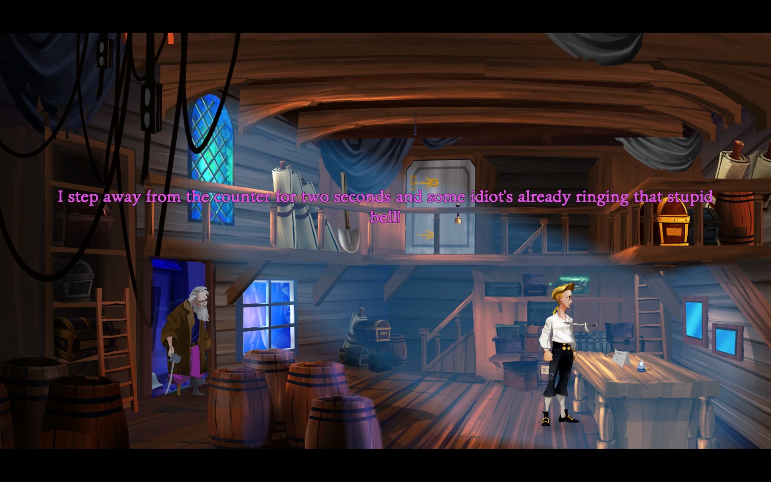 A screenshot of the Secret of Monkey Island where Guybrush is in the store talking to the shopkeeper