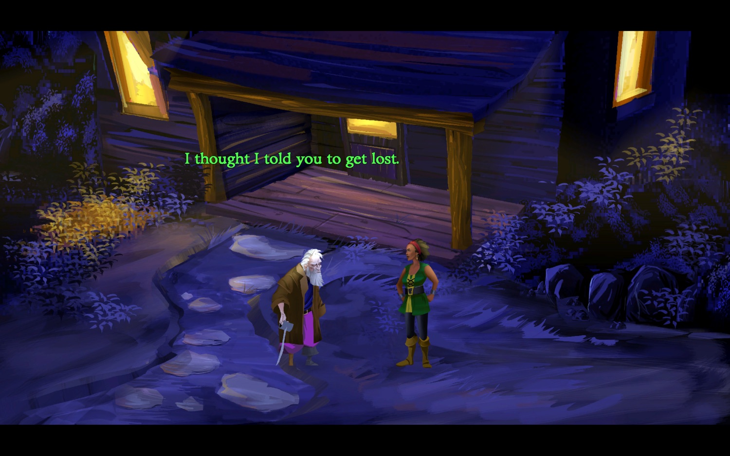 A screenshot of the Secret of Monkey Island where the shopkeeper is talking to the sword master of Melee Island