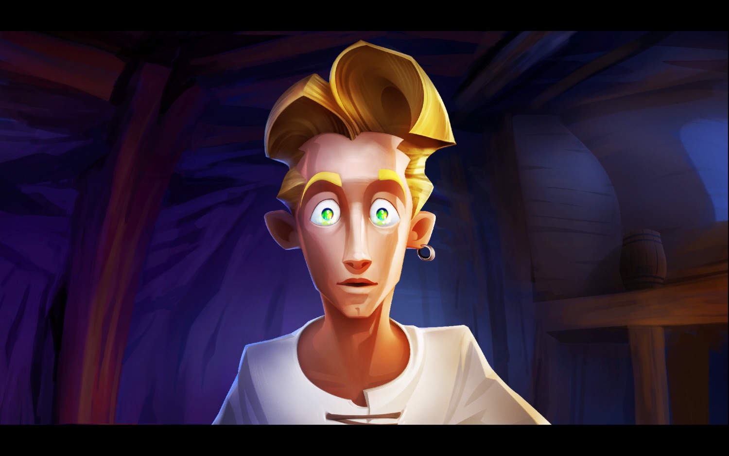 A screenshot of the Secret of Monkey Island showing a close up of Guybrush being awed by a monster (which turns out to be a parrot)