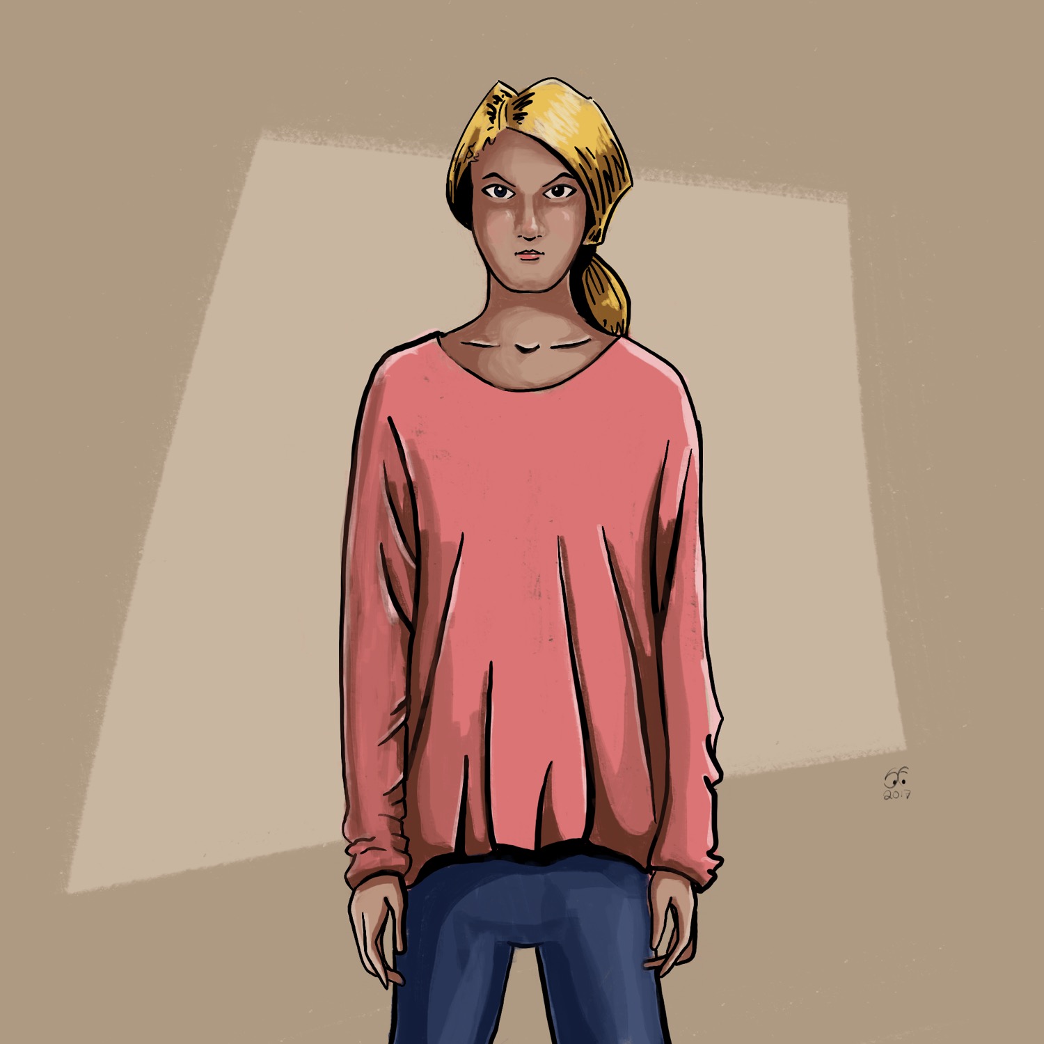 Sketch of a girl in a salmon top
