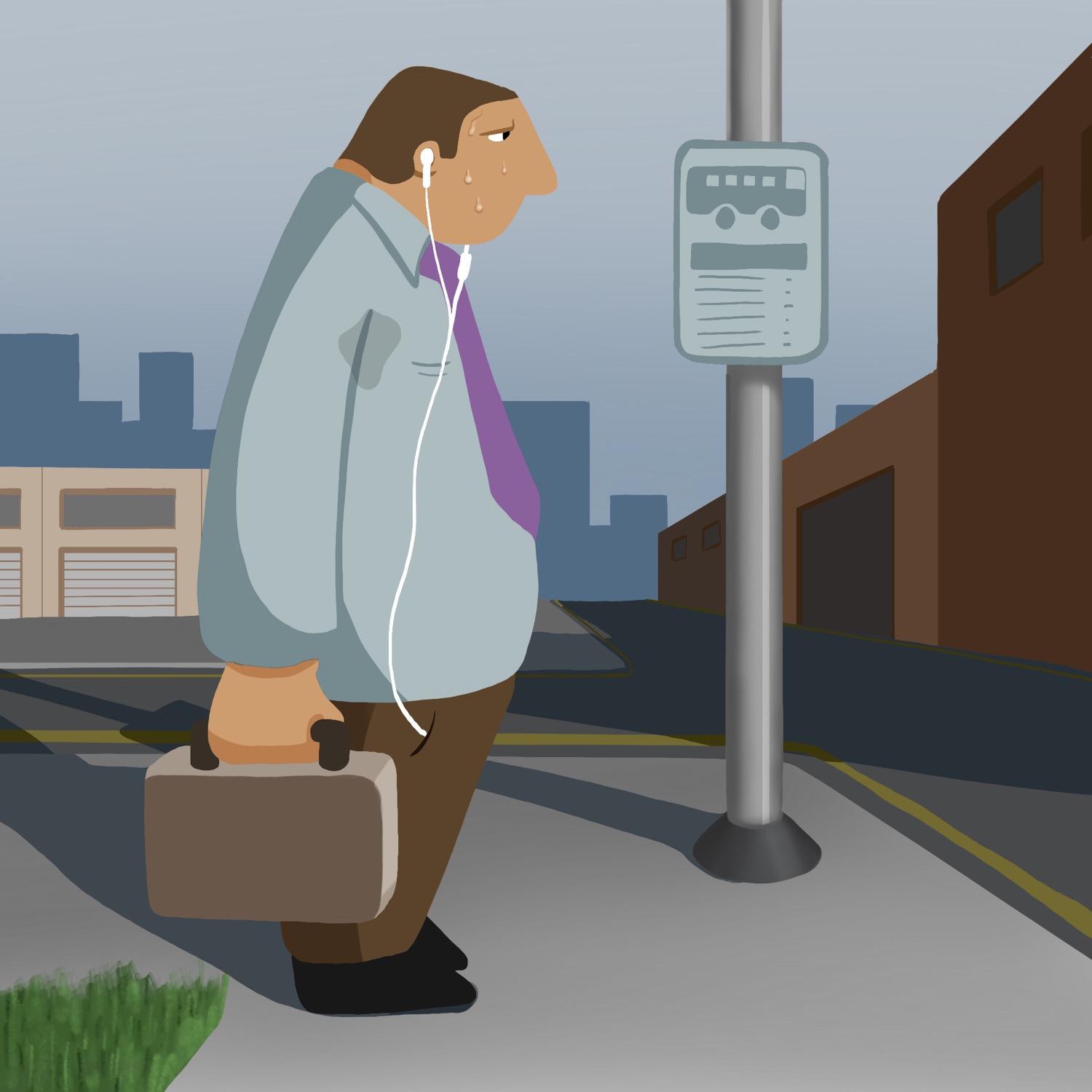 An illustration of a man waiting at the bus stop in the hot hot heat.