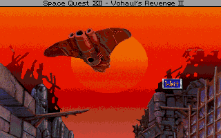 A screenshot of a ship flying into a red sky in Space Quest IV