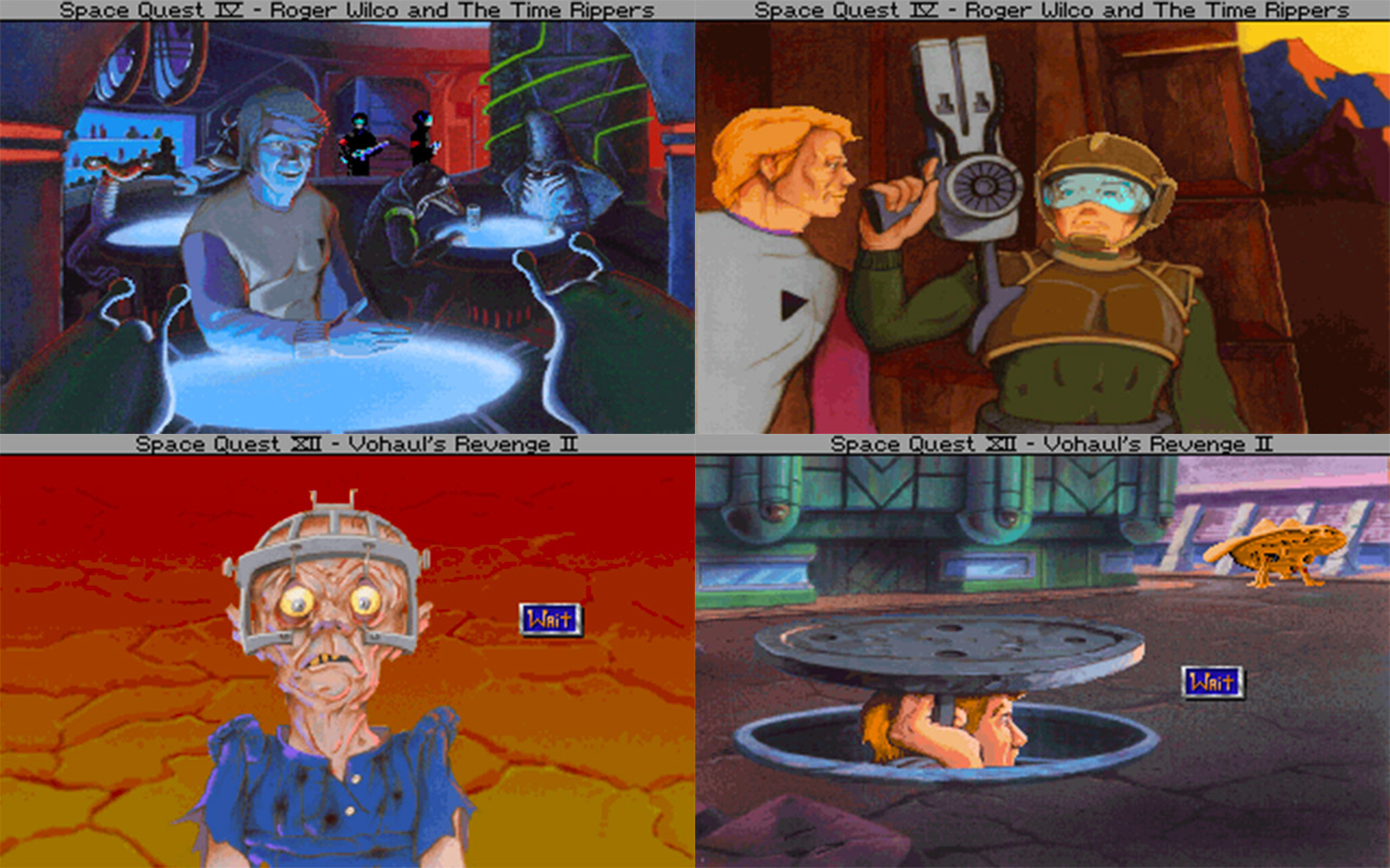 A collection of four screenshots of Space Quest IV. From top left: Roger Wilco in a space bar, Roger Wilco being saved by a time-hopping security guy, a cyborg on Xenon horrified by the sight of Roger, Roger Wilco sneaking up out of the sewers