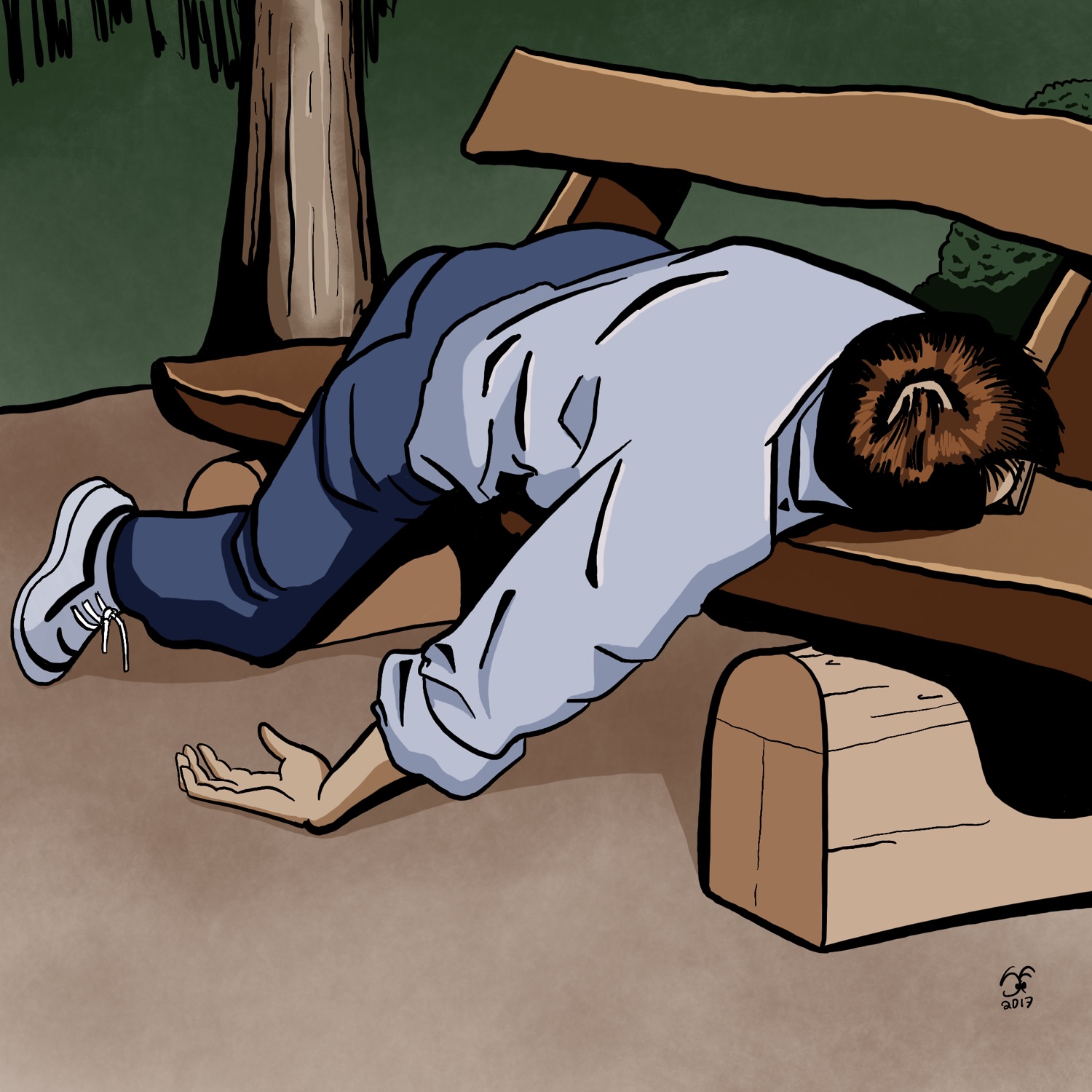 An illustration, based on a reference image, of a dude passed out on a park bench
