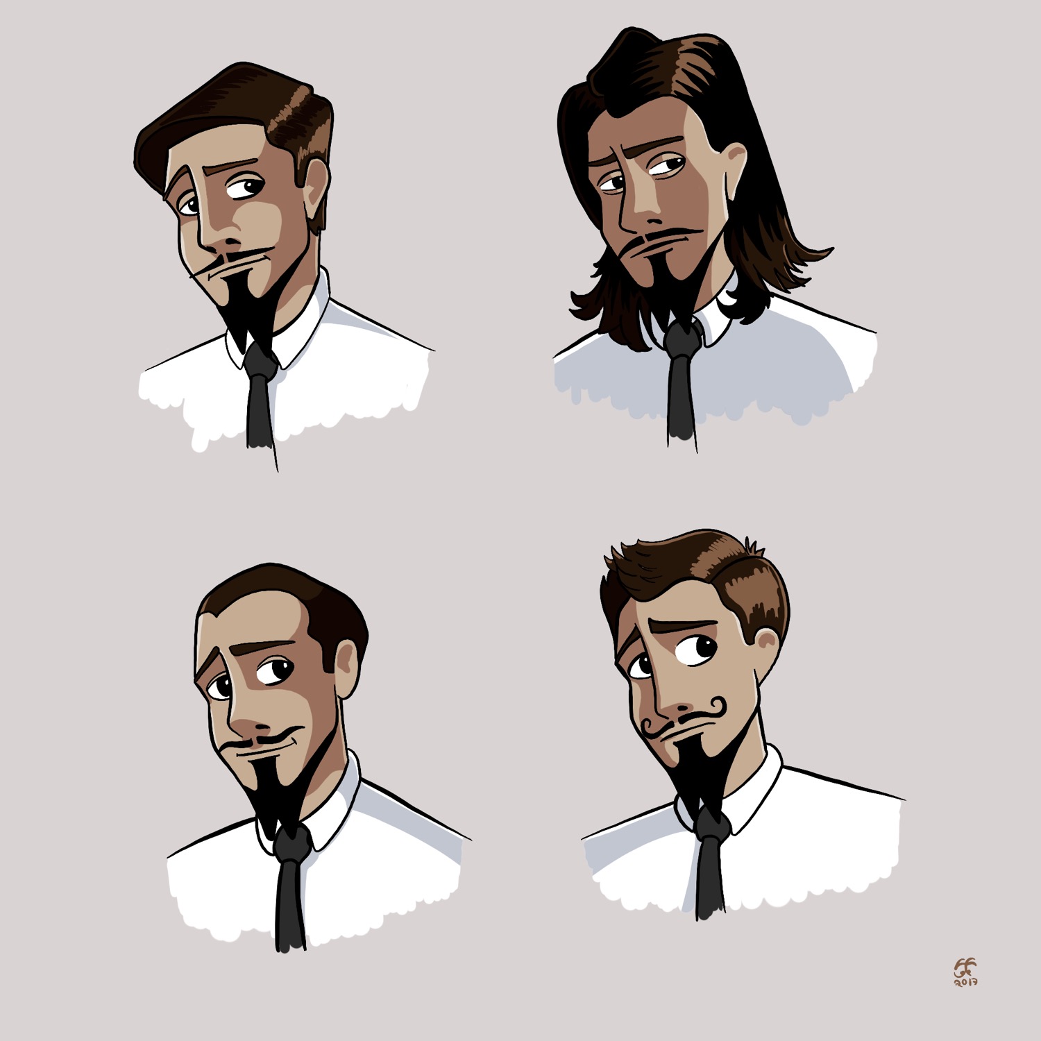 Cartoon drawing of four character heads with different haircuts and lighting