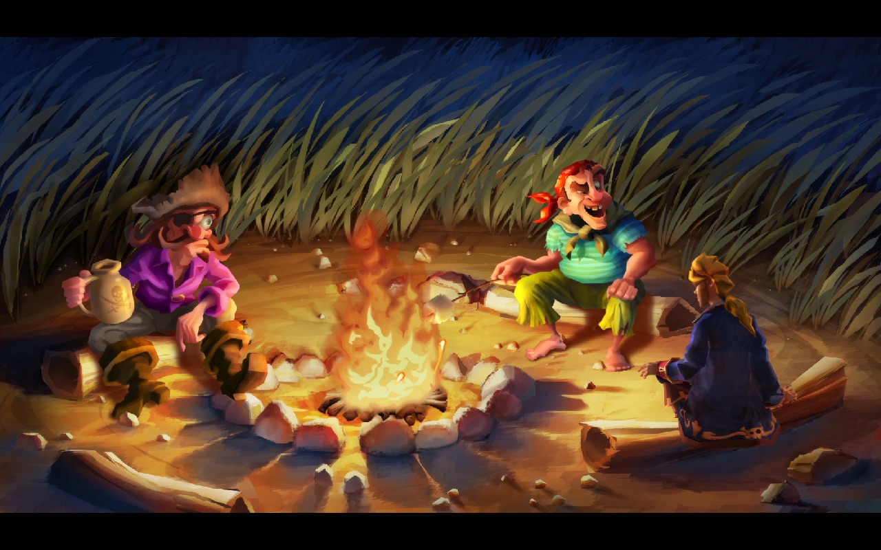 A screenshot from Monkey Island 2 where Guybrush is sitting by the fire with Bart and Fink