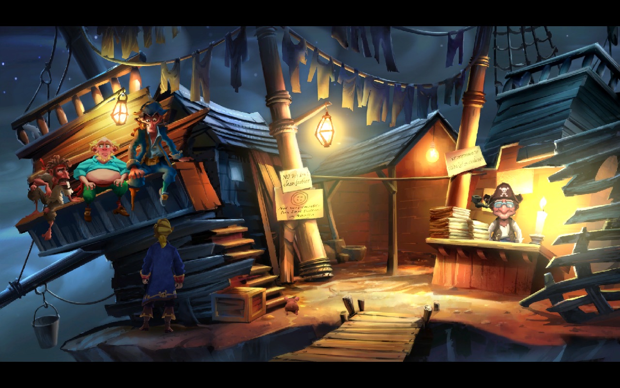 A screenshot from Monkey Island 2 where Guybrush is talking to the three pirates by Mad Marty's Laundry