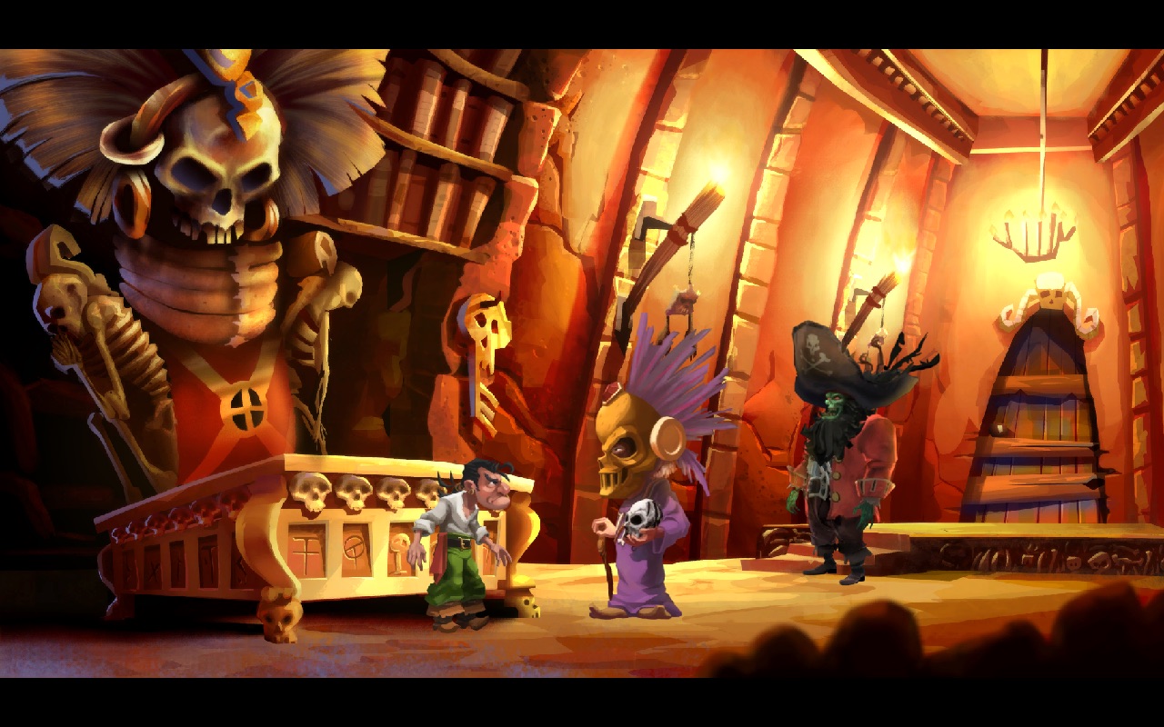 A screenshot from Monkey Island 2 where Largo, the Voodoo Priest, and LeChuck are conferring in LeChuck's Fortress