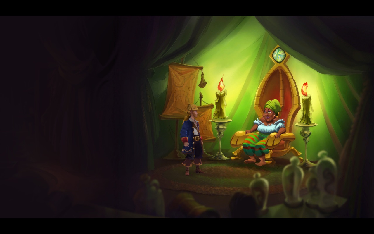 A screenshot from Monkey Island 2 where Guybrush is meeting with the mysterious voodoo lady