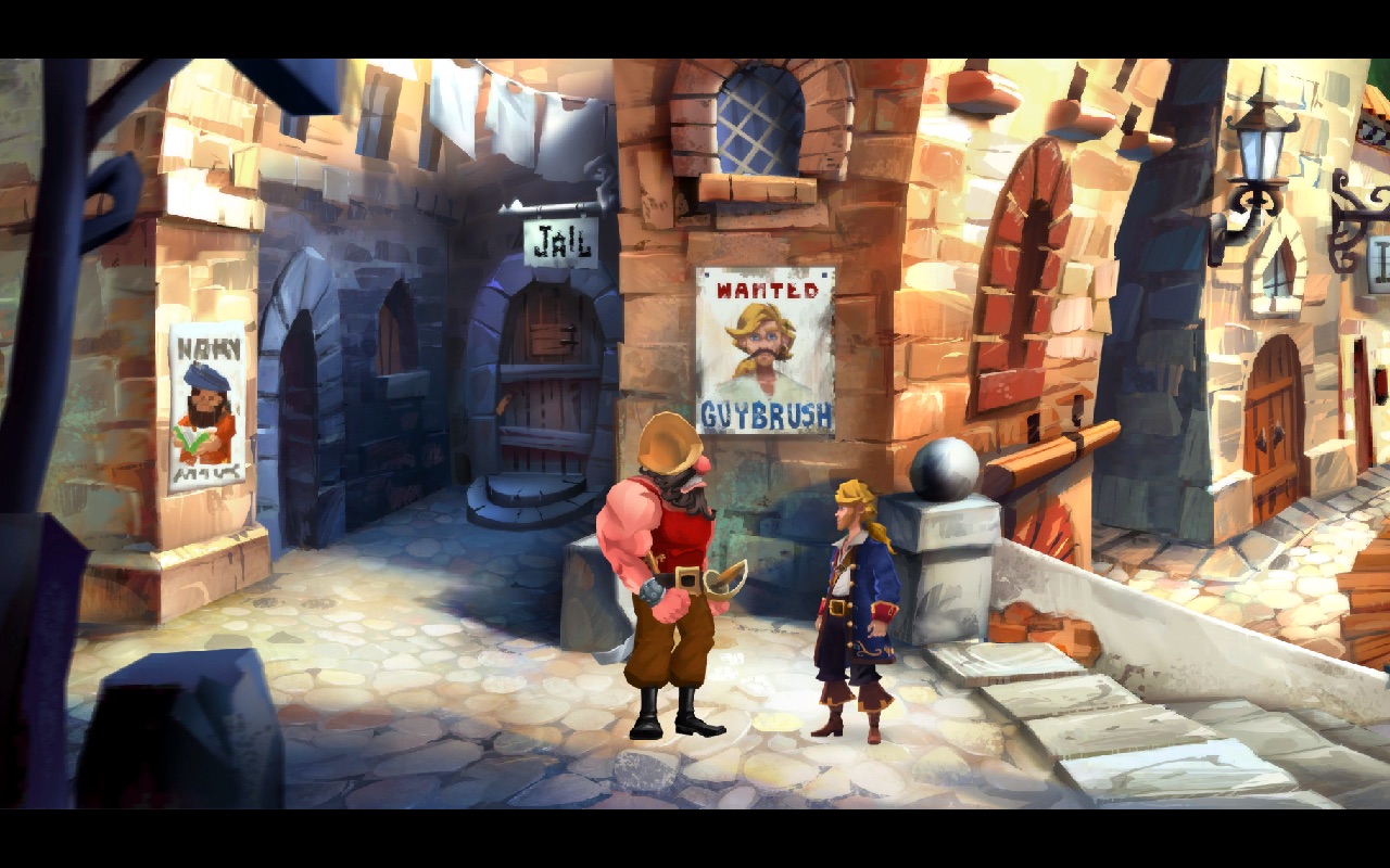 A screenshot from Monkey Island 2 where Guybrush is about to be arrested by a guard on Phatt Island