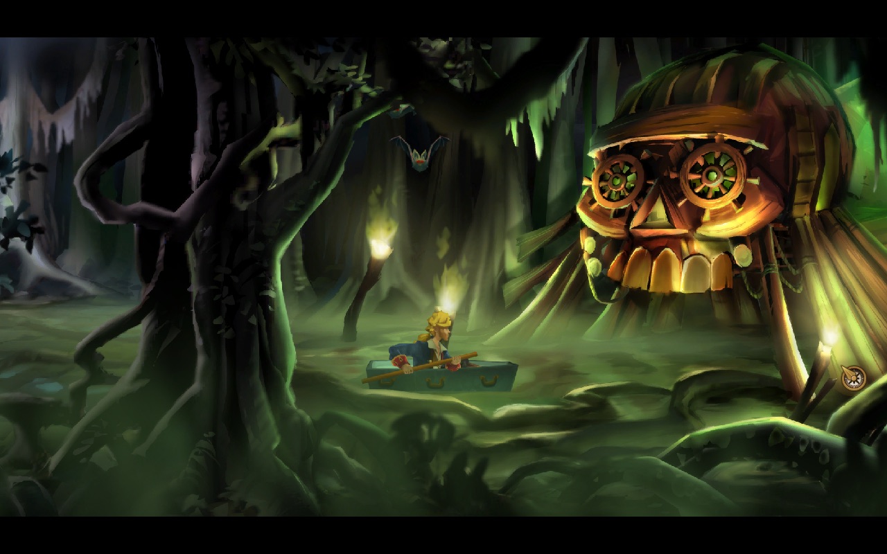 A screenshot of Guybrush Threepwood sailing a coffin towards a giant wooden skull in a voodoo swamp