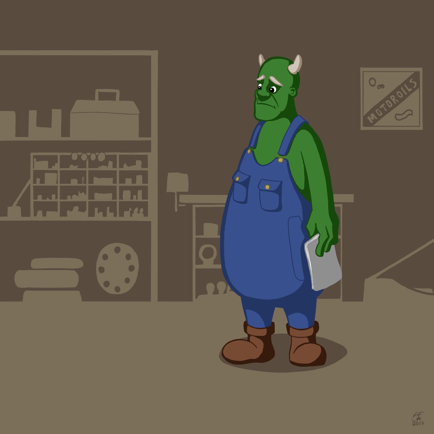 Illustration of a troll in a pair of dungarees standing in a mechanic's workshop