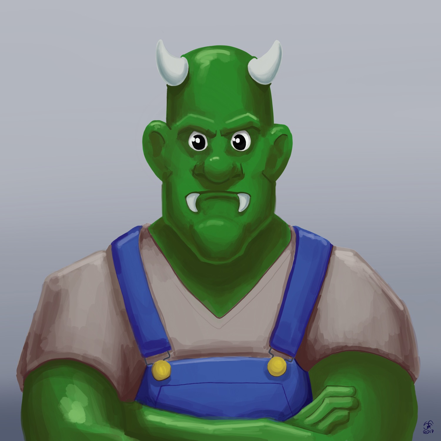 A painterly illustration of a green monster in overalls.