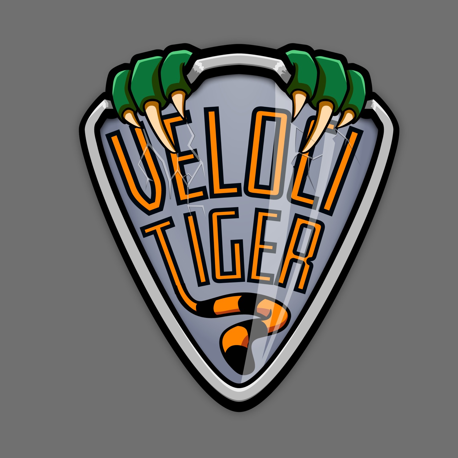 The Velocitiger Shield, showing the band's name with a tiger's tail at the bottom and two velociraptor claws gripping the upper edge