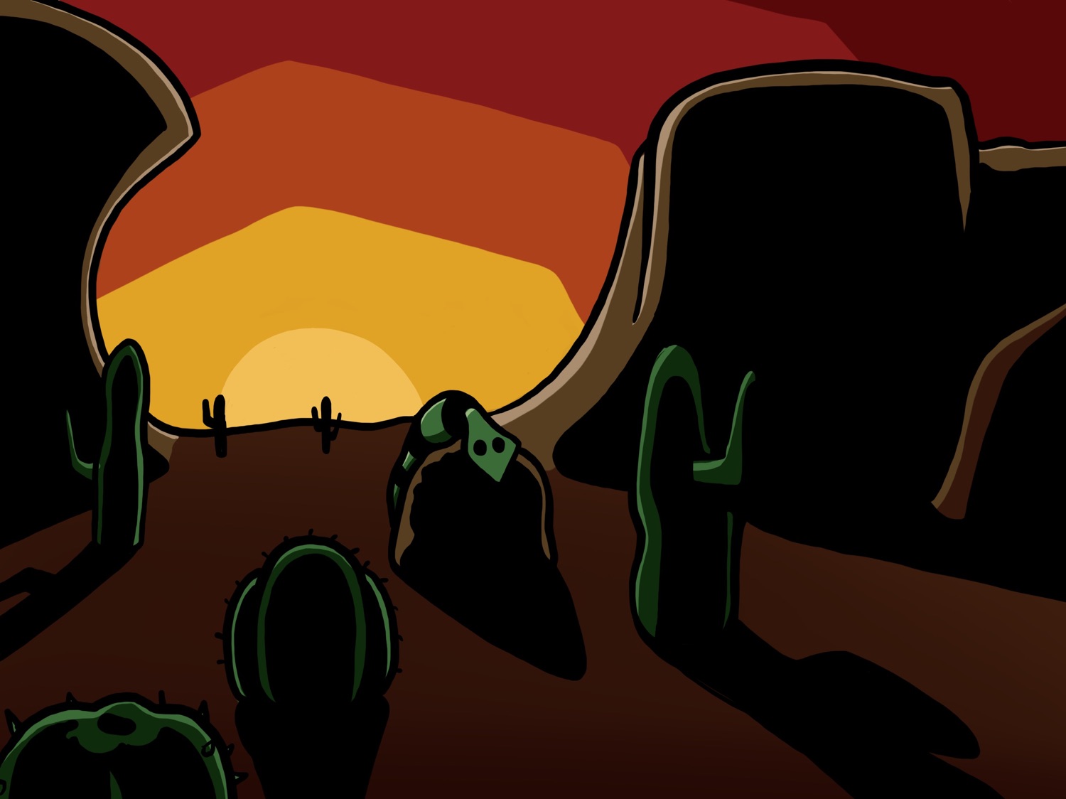 A coloured sketch of a desert at sunset