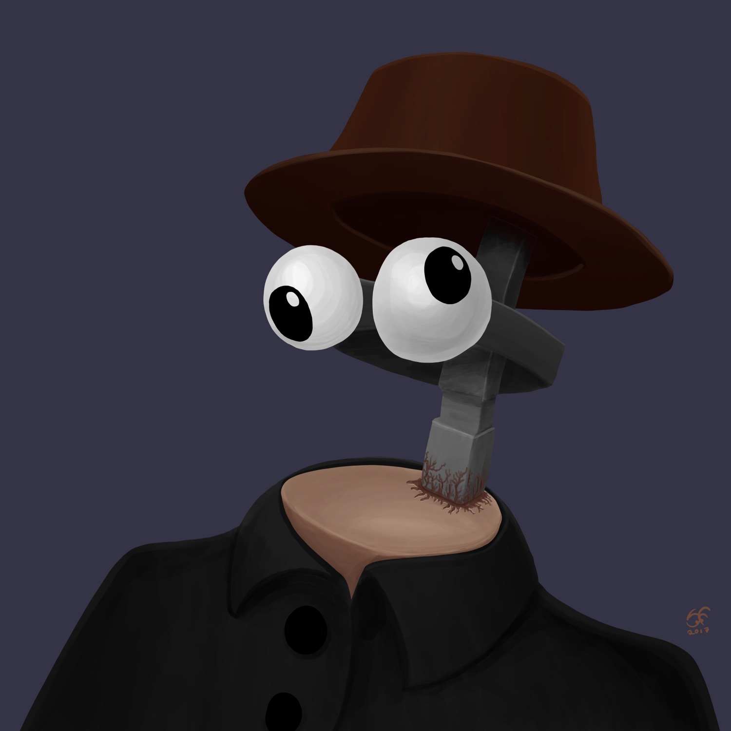 An illustration of a thing in a trench coat and hat with no head, only a pair of googly eyes