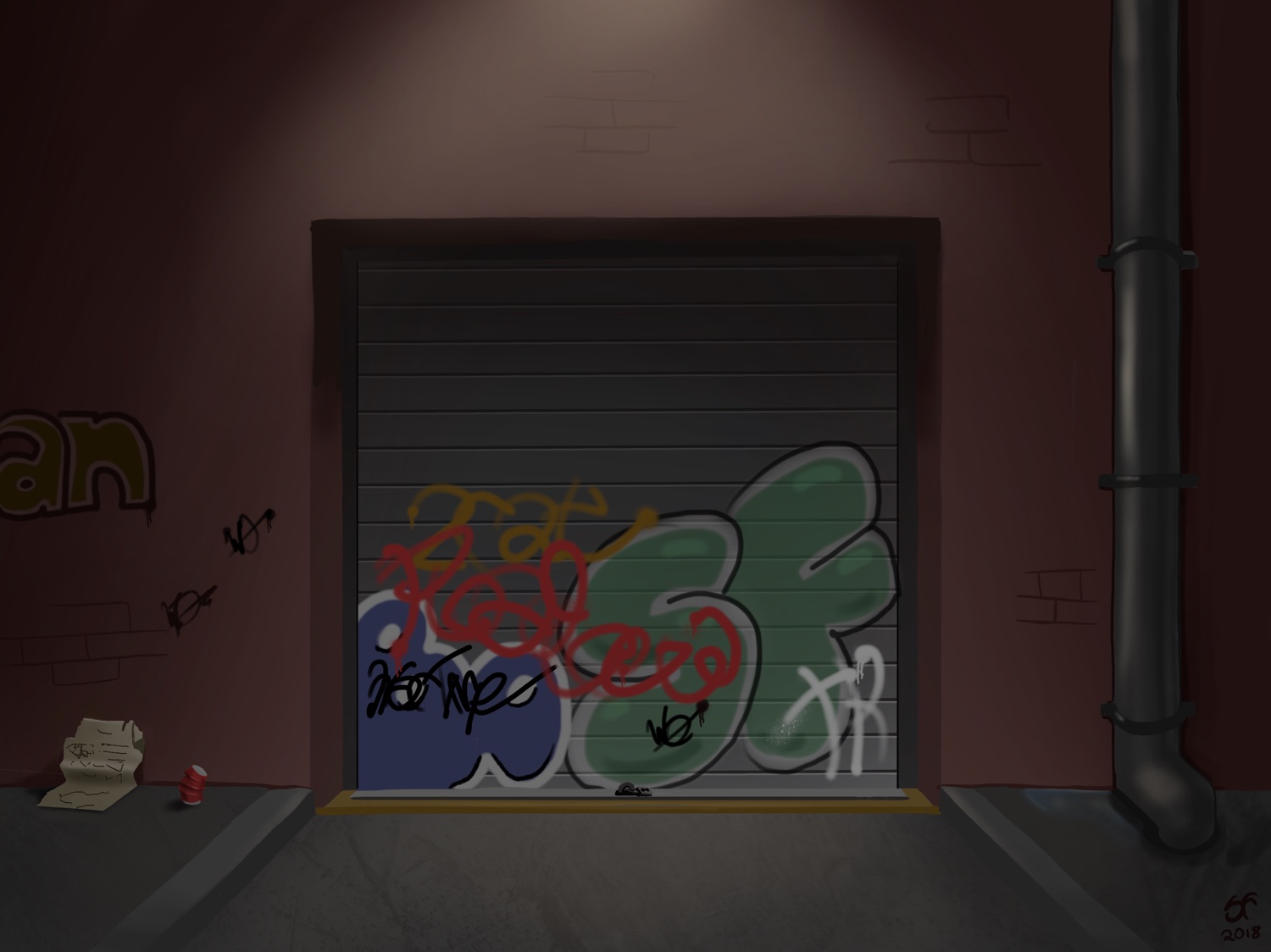 Illustration of a dingy, grimy back alley garage. There’s graffiti on the garage door.