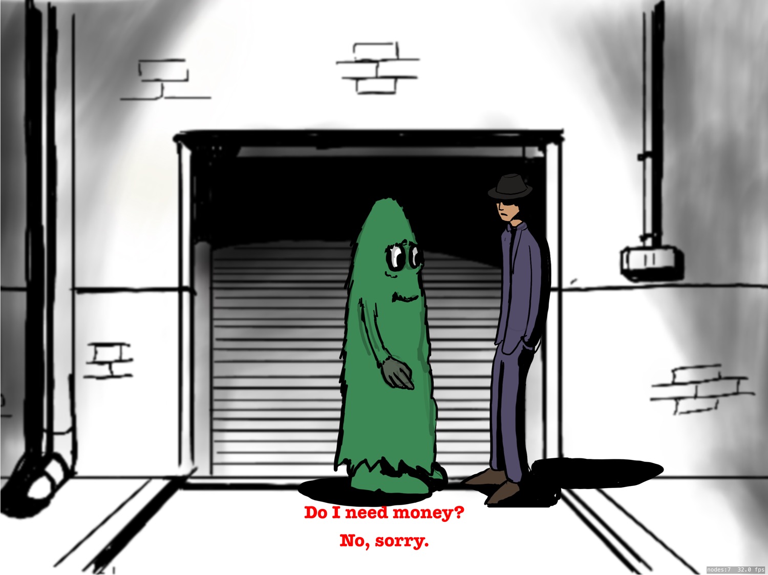 A screenshot of a 2D Adventure game scene, where a green fuzzy monster is meeting a sinister man in a back alley