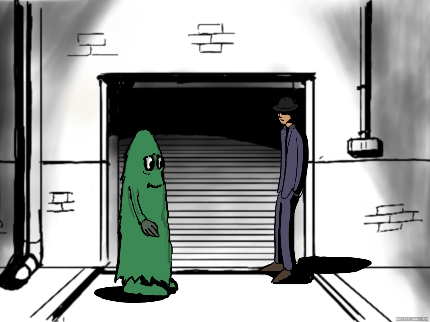 Another screenshot of a 2D Adventure game scene, where a green fuzzy monster is meeting a sinister man in a back alley