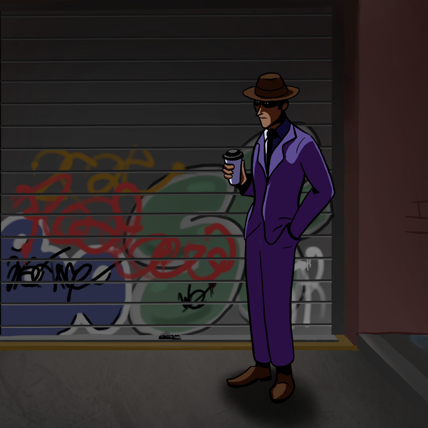 Illustration of a sinister looking character in a dodgy back alley