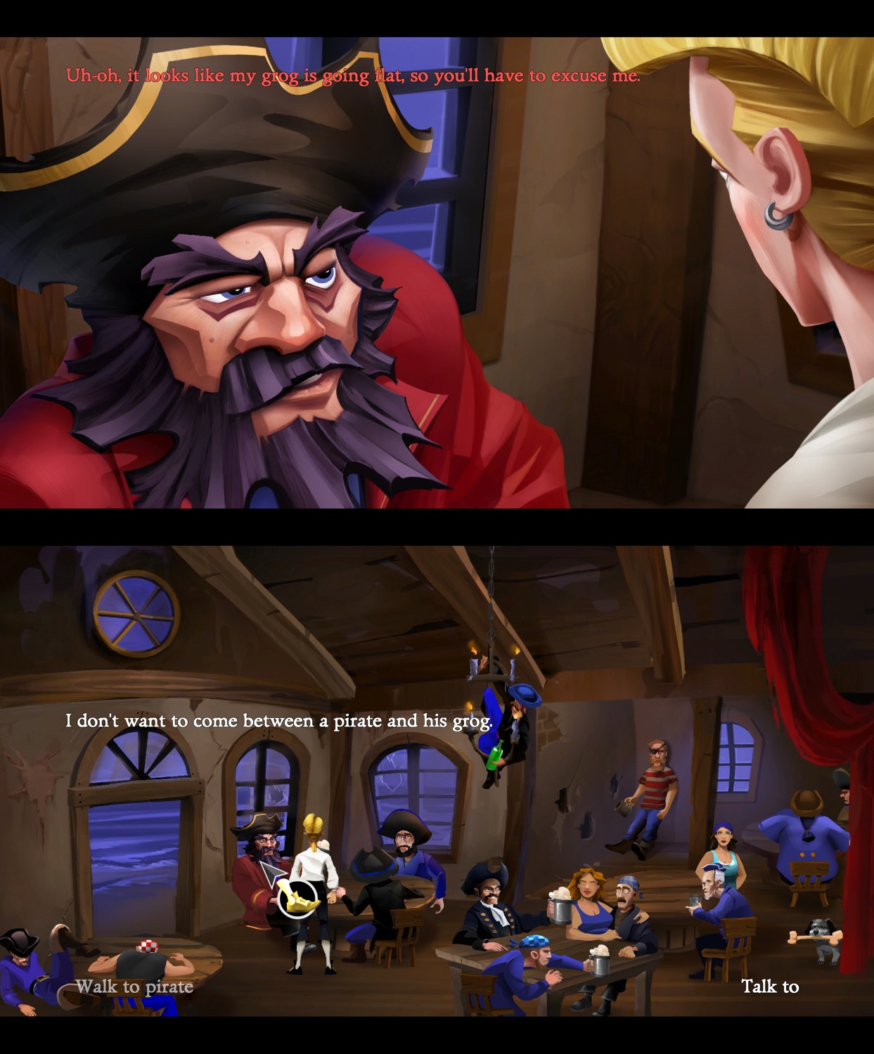 Two screenshots of The Secret of Monkey Island, showing Guybrush in the SCUMM Bar not being able to talk to Mancomb Seepgood.