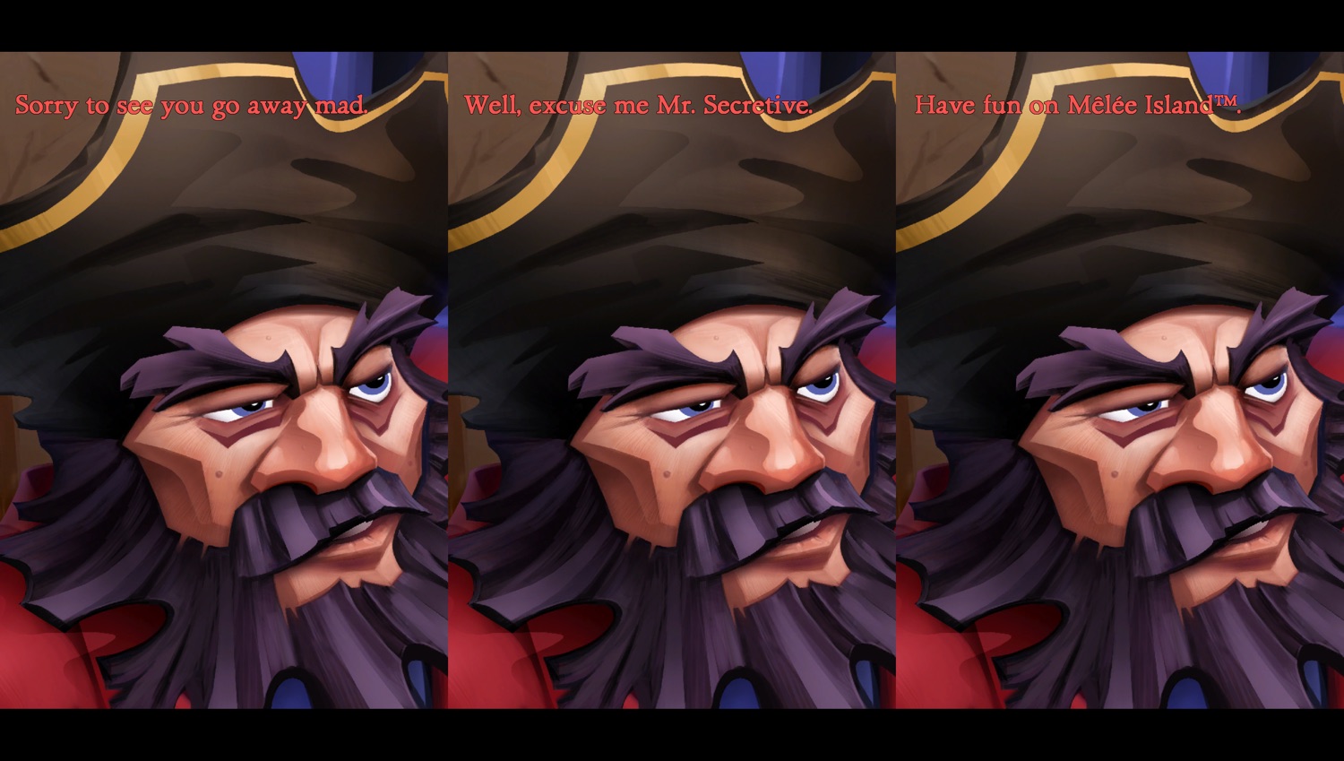 Three side by side screenshots of a hoary old pirate in a red jacket, Mancomb Seepgood, showing the different ways the conversation ends.