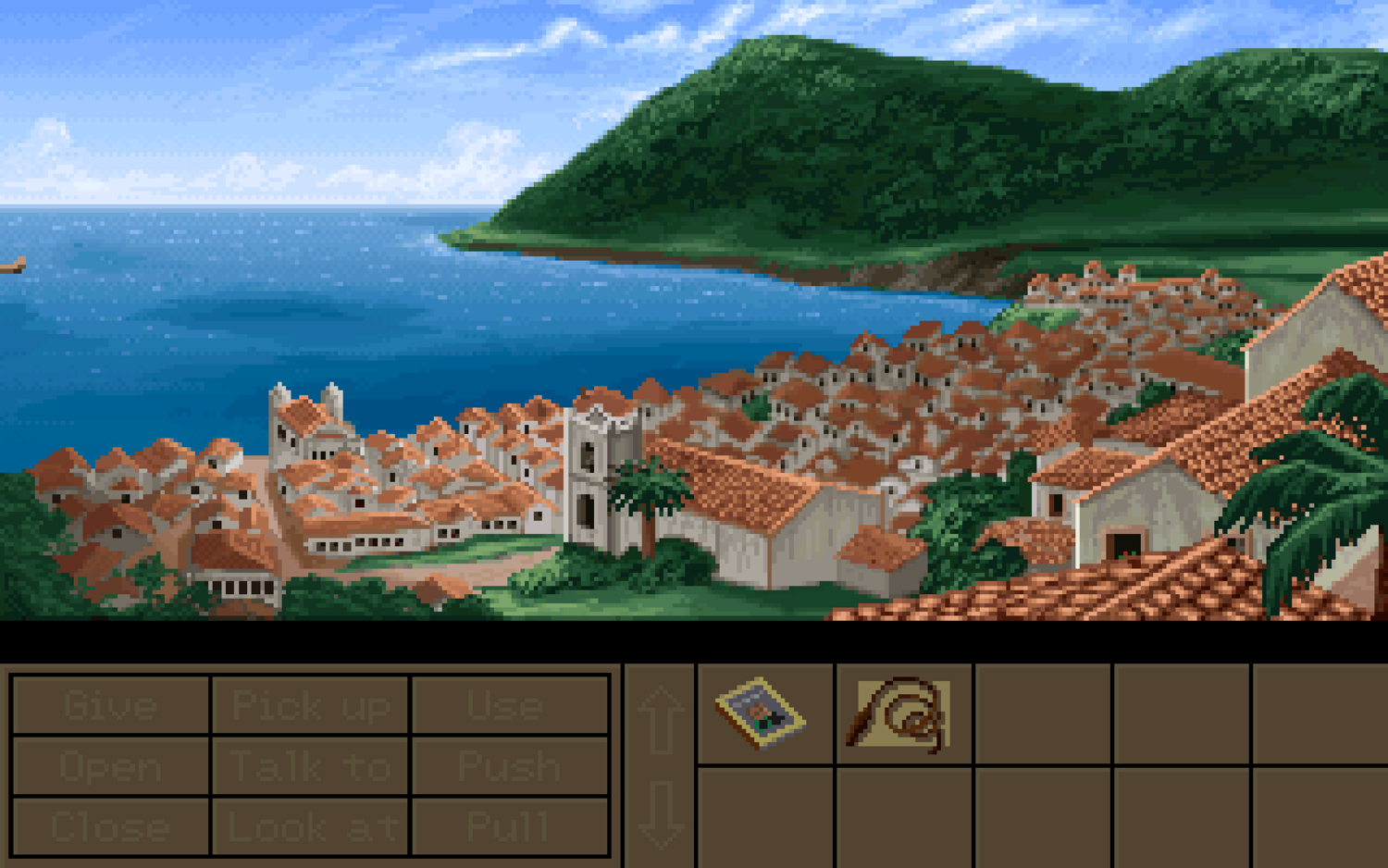 Screenshot from Indiana Jones and the Fate of Atlantis. An establishing shot of a town in Azores.