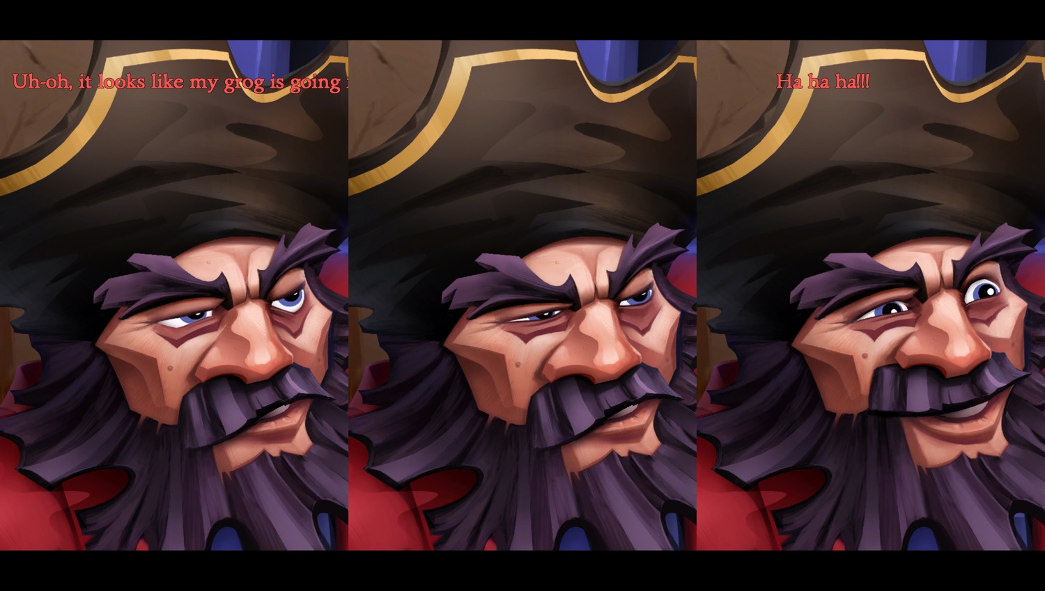 Three side by side screenshots of a hoary old pirate in a red jacket, Mancomb Seepgood, showing the three main faces that he makes when you talk to him