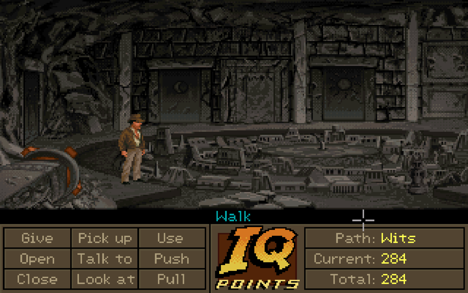 Screenshot of Indiana Jones and the Fate of Atlantis. Indy is in Atlantis, and at the bottom the IQ points of the current path are being displayed.